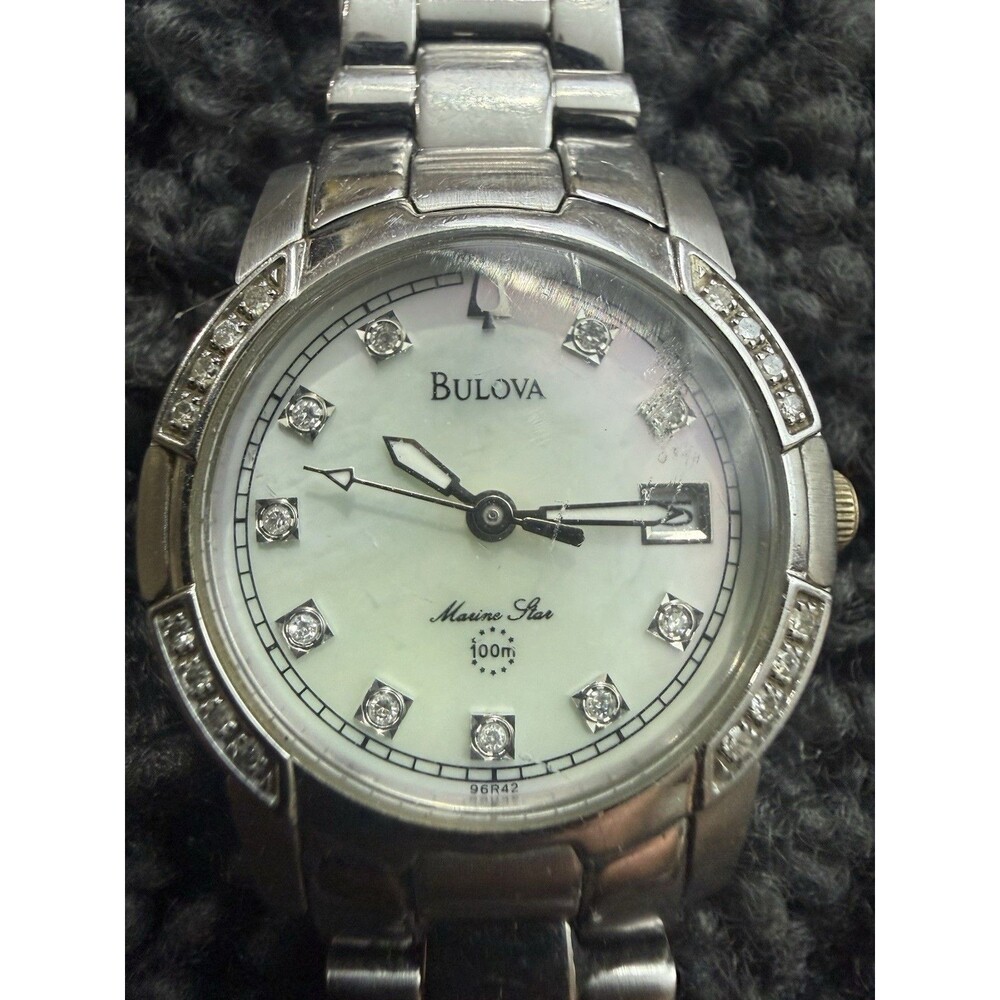 Bulova Marine Star C876792 Mother Pearl Diamond Bezel Indices Ladies Wristwatch